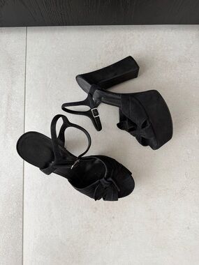 SAINT LAURENT Women's Black Suede Platform Heels with Ankle Strap